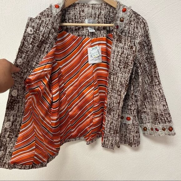 NWT Just Be Brown & Cream Linen Jacket with Gem Details Sz XL (B47744CS) - Picture 3 of 8